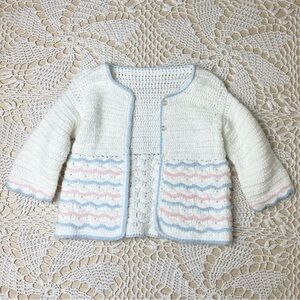Vintage 1980s Baby Girl 12 Months Pink Blue Stripe Hand Crochet Cardigan Sweater